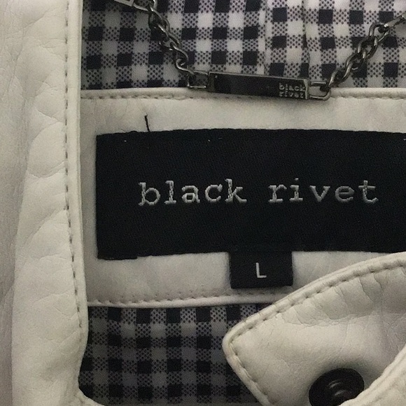 NWOT Black Rivit White Leather Look Jacket. Large. 100% Polyurethane, lined. - Picture 3 of 9